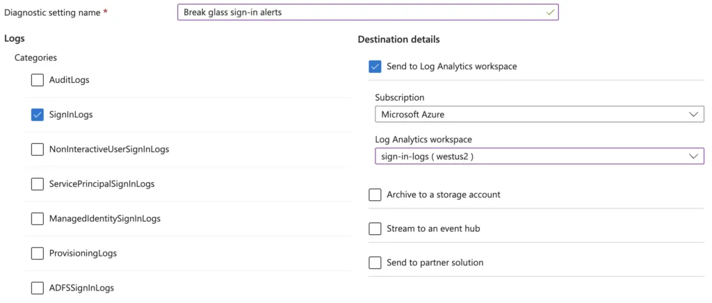 Diagnostic settings setup